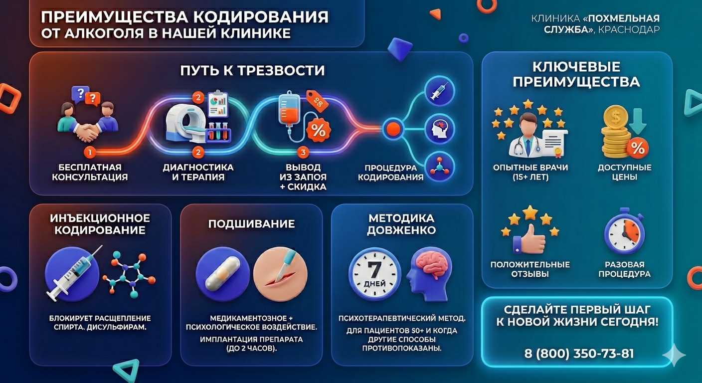 Инфографика о методах кодирования от алкоголя в Гатчине: инъекции, подшивание, метод Довженко. Преимущества клиники и этапы лечения.
